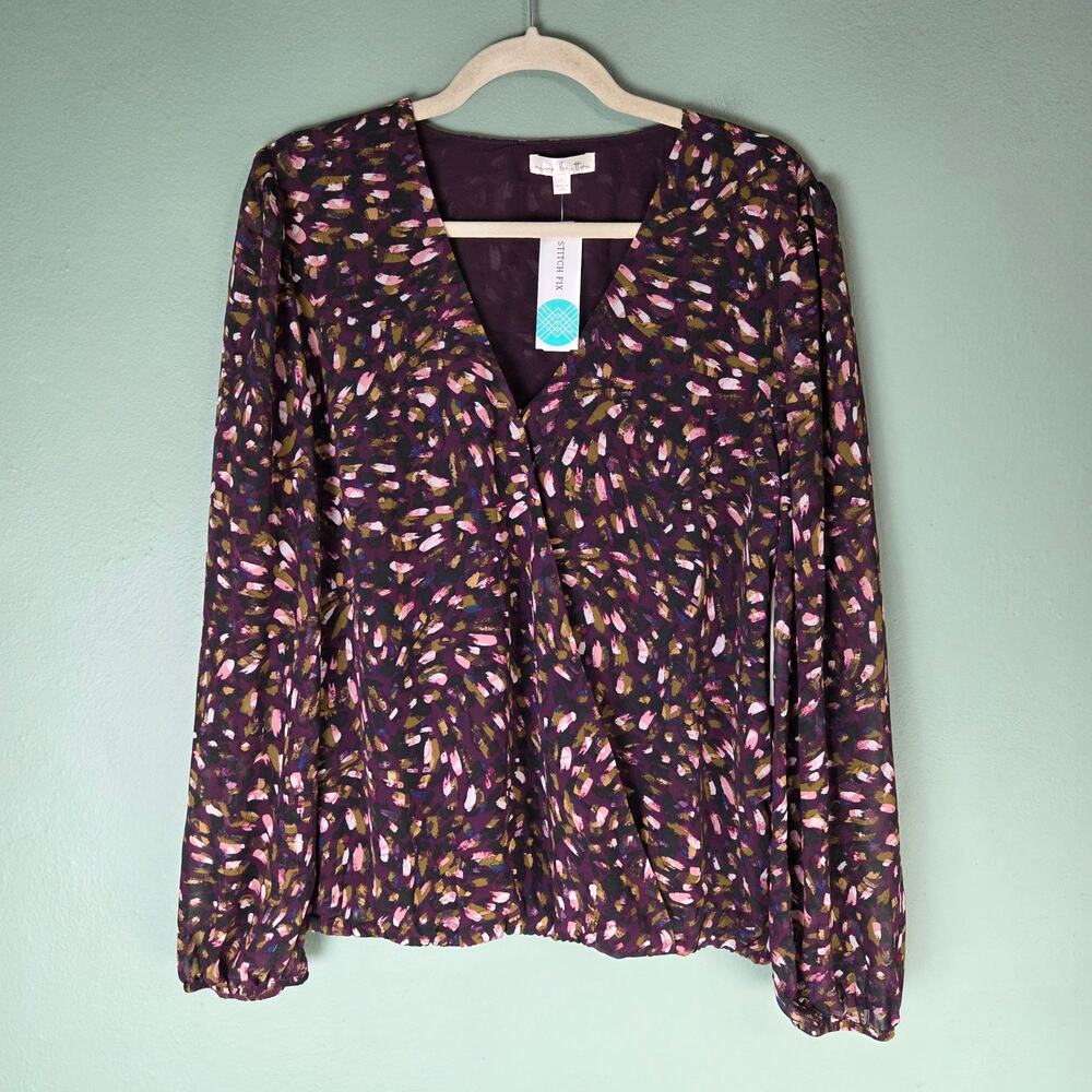 Nine Britton Womens Large Dark Purple Inez Surplice Blouse Top Abstract Career